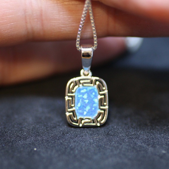Szendrei Jewelry - New Greek Key Design Blue Opal Pendant Sterling Silver 925 , October Birthstone